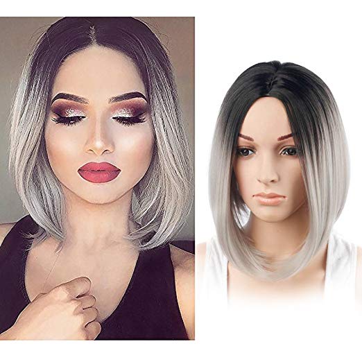 BARSDAR 14" Girl’s Short Bob Hair Wigs Straight Synthetic Dark Roots Ombre Colorful Halloween Cosplay Daily Party Wig for Women Natural Looking Heat Resistant As Real Hair with Free Wig Cap-Black to S